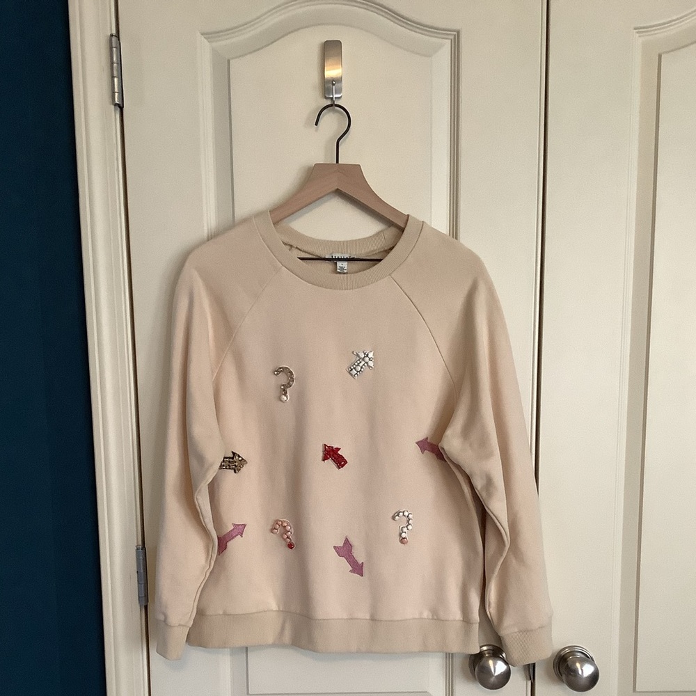 NWT Stellah Embellished Bejeweled Cream Sweatshirt Size L